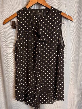 Theory Jastrid Haze Dot 100% Silk Ruffle Blouse XS Black Polka Dot